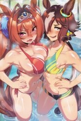 2girls absurd_res absurdres animal_ears bikini blue_eyes blue_hairband boob_squish breast_squish brown_hair cleavage daiwa_scarlet flat_chest hair_between_eyes high_resolution highres horse_ears horse_girl huge_breasts large_breasts long_hair micro_bikini multicolored_hair naticai purple_hair red_eyes short_hair skimpy_bikini swimsuit twintails umamusume umamusume_pretty_derby very_long_hair vodka_(umamusume)
