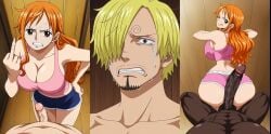 cuck dark-skinned_male interracial middle_finger nami_(one_piece) one_piece sanji_(one_piece)