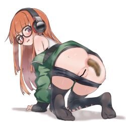1girl aku0 all_fours anus ass bar_censor black_bra blunt_bangs bra censored commentary defecating frown green_jacket headphones highres invisible_floor jacket long_sleeves looking_back looking_down mosaic_censoring open_mouth orange_hair paid_reward_available perineum persona persona_5 purple_eyes pussy sakura_futaba scat shirt shorts_around_thighs simple_background sleeves_past_wrists soles solo steam sweat thighhighs torn_clothes torn_thighhighs underwear untranslatable_commentary wavy_mouth white_background white_shirt