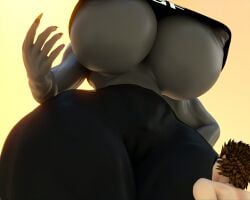 alternate_body_type big_breasts black_hair curvy_figure elevenendless empty_eyes endlessillusion giantess grey_body huge_ass huge_breasts oc original_character tall_female taller_female voluptuous voluptuous_female white_eyes wide_hips