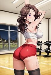 1girls ai_generated ass ass_focus black_thighhighs breasts brown_hair butt butt_focus female female_only goddess_of_victory:_nikke huge_breasts indoors ingrid_(nikke) large_breasts long_hair looking_at_viewer on_back pale_skin pale_skinned_female purple_eyes thighhighs thighs voluptuous voluptuous_female wavy_hair white_sports_bra