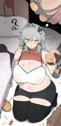 bedroom black_shorts black_thighhighs burger caesar_king_(zenless_zone_zero) fat food french_fries gray_hair hairpin plump prostethic_arm robot_arm shorts tank_top thighhighs touching_belly white_tank_top wish44 yellow_eyes zenless_zone_zero