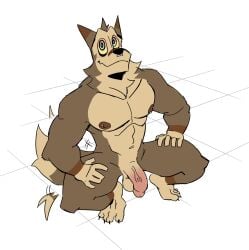 bait_(javigameboy) biggbadstarwolf javigameboy muscular muscular_male naked nipple_piercing nipples nude pecs septum_piercing solo squatting tail_wagging wolf
