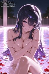 1girl 2025 2026 4k absurd_res absurdres ai ai-created ai-generated ai_art ai_assisted ai_generated alphai black_hair blushing breasts centered_character cinematic_lighting close-up colorful_background completely_nude completely_nude_female covering_breasts crossed_legs depth_of_field detailed_hair detailed_skin detailled_background dramatic_shadows eyelashes eyeliner female_face female_only goddess_of_victory:_nikke high_quality high_resolution highres in_water label_(nikke) long_bangs long_hair long_sidelocks looking_at_viewer naughty_face night_time nikke nude nude_female on_back particles patreon patreon_link patreon_url patreon_username pool pool_background purple_eyes purple_hair raised_eyebrows rose_petals seductive_eyes solo tactical_nudity volumetric_lighting watermark