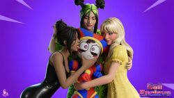 ai_generated billie_eilish billie_eilish_(fortnite) black_clothes celebrity clown_girl clown_hat epic_games fortnite glitch_productions green_clothes kim_kardashian kim_kardashian_(fortnite) not_porn pomni pomni_(tadc) pomni_(the_amazing_digital_circus) purple_background sabrina_carpenter sabrina_carpenter_(fortnite) tight_clothing video_game white_skin x_username yallahs80 yellow_clothes
