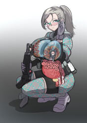 1girls blonde_hair blue_eyes blush clothing crouching crouching_female cum cum_in_ass cum_in_intestines cum_in_pussy cum_inside df_kraken_(artist) fallopian_tubes female female_combatant female_soldier fetus glasses grey_legwear grey_thighhighs gun in_utero internal_organs intestines long_hair ovaries pregnant spread_legs thighhighs umbilical_cord uterus x-ray