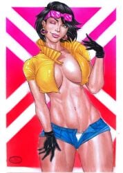 1girls asian asian_female big_breasts black_hair breasts cleavage female female_only jean_shorts jubilee large_breasts marvel rudimar_patrocinio sideboob solo traditional_media_(artwork) x-men