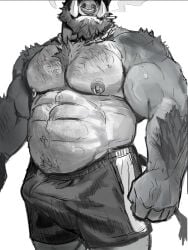 2026 5_fingers beard big_bulge cigarette furry hairy_arms hairy_body hairy_chest male monochrome muscular nipple_piercing nose_piercing penis saltypoundcake shorts simple_background solo white_background wild_boar