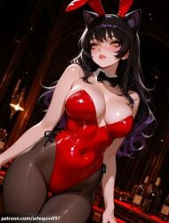 1girl ai_generated animal_ears arlequin097 bar_(place) bare_shoulders black_bow black_bowtie black_hair black_pantyhose blake_belladonna blurry_background blush bottle bow bowtie breasts brown_pantyhose cat_ears cleavage covered_navel cowboy_shot detached_collar dutch_angle fake_animal_ears gradient_hair highleg highleg_leotard indoors large_breasts leotard long_hair multicolored_hair pantyhose parted_lips patreon_username playboy_bunny purple_hair rabbit_ears red_leotard rwby side-tie_leotard solo strapless strapless_leotard thigh_gap thighs yellow_eyes