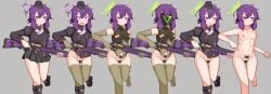 1girl :o ainagi alternate_costume alternate_halo ass_visible_through_thighs black_jacket black_skirt blue_archive blush boots breasts cleft_of_venus closed_mouth commentary_request completely_nude elbow_gloves fabarm_fp6/sdass feet_out_of_frame frown furrowed_brow garrison_cap gloves green_gloves grey_background groin gun hair_between_eyes hair_ornament hairclip half-closed_eyes halo haruka_(blue_archive) hat highres holding holding_gun holding_weapon jacket juliet_sleeves kaiser_pmc_(blue_archive) knee_boots leg_up leotard long_sleeves looking_at_viewer maebari medium_hair miniskirt multiple_views navel nipples non-web_source nude open_mouth pleated_skirt pubic_tattoo puffy_sleeves pump_action purple_eyes purple_hair purple_halo pussy rifle running shotgun simple_background skirt small_breasts smile smug standing standing_on_one_leg tattoo thigh_gap thighhighs variant_set variations wavy_mouth weapon