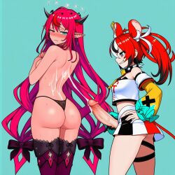 ai_generated bare_back blush cum_on_back cumming_on_back ejaculation facing_viewer fully_clothed furrowed_brow futa_on_female futanari g-string hakos_baelz half-closed_eyes hand_on_hip hands_on_own_chest hololive huge_ass irys_(hololive) large_penis looking_back looking_down masturbation pointy_ears side_view smile smug standing string_panties tears thighhighs thong topless virtual_youtuber wavy_mouth zmanguy