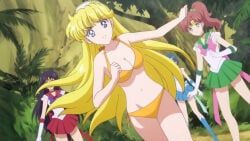 4girls bikini bishoujo_senshi_sailor_moon bishoujo_senshi_sailor_moon_crystal blonde_hair female female_only minako_aino multiple_girls screenshot screenshot_edit swimsuit yellow_bikini
