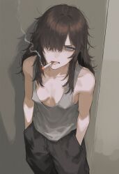 1girls ai_generated baggy_pants brat cigarette covered_nipples kizirugai long_hair looking_at_viewer no_bra original original_character perky_breasts petite scowl shortstack small_breasts smoking tagme tank_top tiny