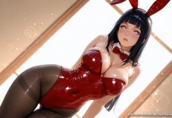 1girl ai_generated animal_ears ass_visible_through_thighs backlighting bangs bare_shoulders black_hair black_pantyhose blunt_bangs blush bow bowtie breasts cleavage closed_mouth covered_navel cowboy_shot detached_collar dutch_angle fake_animal_ears highleg highleg_leotard hinata_hyuuga indoors kermixx large_breasts leotard lips long_hair looking_at_viewer naruto_(series) pantyhose parted_lips playboy_bunny purple_eyes rabbit_ears red_bow red_bowtie red_leotard shiny shiny_clothes shiny_skin sidelocks skindentation solo standing straight_hair strapless strapless_leotard thigh_gap thighband_pantyhose white_eyes wide_hips