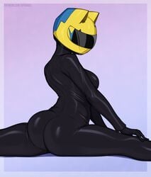 1girls afrobull ass black_bodysuit bodysuit celty_sturluson dullahan durarara!! female helmet human humanoid motorcycle_helmet motorcycle_suit skin_tight skin_tight_suit solo solo_female splits