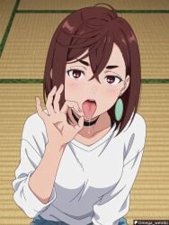 1girl ai_generated ayase_momo blush brown_hair choker clothed_female dandadan drooling earrings gesture gesturing_at_viewer looking_at_viewer medium_breasts momo_ayase mouth_open omega_weirdo patreon red_eyes seducing seductive seductive_pose shirt short_hair solo solo_female solo_focus sticking_out_tongue tatami tatami_floor