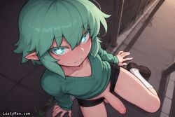 ai_generated androgynous big_penis blue_eyes elf elf_ears femboy green_hair large_penis lustyren male male_only oc otoko_no_ko pants_down penis solo_male trap