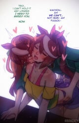 2girls alt_text animal_ear_piercing animal_ears arched_back arm_support backlighting bang_dacy black_bra blush bow bra breasts brown_hair bulge buttjob buttjob_over_clothes cleavage closed_eyes commentary denim denim_shorts ear_ornament earrings english_commentary english_text erection erection_under_clothes frottage futa_with_female futanari glasses green_shirt hand_on_another's_hand hand_on_another's_waist heart height_difference horse_ears horse_girl jewelry kissing_shoulder leaning_forward lipstick_mark lower_teeth_only motion_lines multicolored_hair multiple_girls off-shoulder_shirt off_shoulder open_mouth pants penis pink_bow pink_bra ponytail precum precum_through_clothes raised_inner_eyebrows shirt shorts shoulder_blush simple_background single_earring single_hair_streak sleeves_rolled_up small_breasts streaked_hair sweat symboli_rudolf_(casual)_(umamusume) symboli_rudolf_(umamusume) teeth tokai_teio_(casual)_(umamusume) tokai_teio_(umamusume) tongue twitching twitching_bulge twitching_penis umamusume underwear white_background white_pants white_streaks yellow_shirt