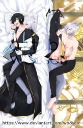 2boys absurdres bdsm black_hair black_pants blue_eyes bondage bound dakimakura_(medium) devil_survivor_(series) devil_survivor_2 full_body handjob hickey highres houtsuin_yamato megami_tensei multiple_boys pants penis protagonist_(devil_survivor_2) purple_eyes topless_male white_hair wooserr yaoi