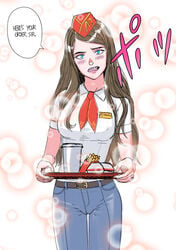 bimbo blue_eyes blush braces brown_hair green_eyes highres long_hair looking_at_viewer mcdonald's nipple_bulge open_mouth original shy solo solo_female speech_bubble talking_to_viewer tammy_(tekuho) teenager tekuho uniform waitress