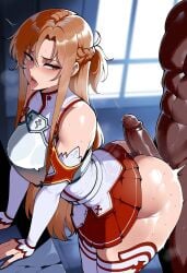 1boy 1girl abs ai_generated arched_back armor ass asuna_(blue_archive) asuna_(sao) bangs bare_shoulders bent_over black_panties blurry_background blush braid breastplate breasts brown_eyes brown_hair bunnyart02 buttjob clothed_female_nude_male clothed_sex clothing dark-skinned_male dark_skin detached_sleeves erection female french_braid hetero huge_penis imminent_penetration indoors interracial large_breasts large_penis leaning_forward legwear long_hair long_sleeves male muscular muscular_male netorare nude open_mouth panties penis penis_on_ass pleated_skirt precum red_skirt sex shirt short_ponytail skirt solo_focus sweat sword_art_online thick_thighs thighhighs thighs tongue tongue_out underwear white_armor white_shirt white_sleeves white_thighhighs yuuki_asuna