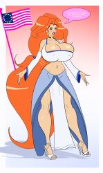1girls annon bimbo cleavage dress female female_only flag high_heels huge_breasts liberty's_kids long_fingernails long_hair makeup nipple_bulge orange_hair sarah_phillips skimpy solo text wide_hips