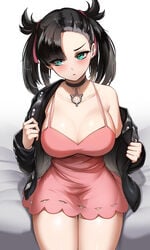 1girls aged_up black_hair blue_eyes blush cleavage dress embarrassed female imminent_sex large_breasts looking_away marnie_(pokemon) mingakk nintendo pokemon pokemon_ss revealing_clothes shy solo solo_female tagme thick_thighs twintails undressing