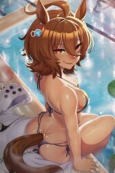 absurd_res absurdres agnes_tachyon_(umamusume) ahoge ai_generated animal_ears ass bikini bikini_bottom bikini_top brown_hair cleavage femdom hair_between_eyes high_resolution highres horse_ears horse_girl huge_ahoge huge_breasts indoor_pool medium_hair messy_hair micro_bikini naticai pool red_eyes short_brown_hair smug umamusume umamusume_pretty_derby