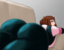 aged_up ass ass_focus bottom_heavy chubby_female drunk drunk_bubble fat_ass huge_ass huge_breasts laying_down laying_on_stomach looking_back my_hero_academia ochako_time-skip ochako_uraraka ochako_uraraka_(hero_outfit) post-timeskip