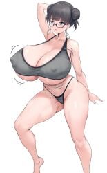 1girl absurdres alternate_breast_size_(larger) arm_up bare_arms bikini black_hair blush breasts cameltoe cleavage collarbone commentary_request commission covered_erect_nipples double_bun earrings gigantic_breasts glass glasses green_eyes hair_bun highres jewelry navel open_mouth pixiv_commission solo standing steaming_body swimsuit tensei_shitara_slime_datta_ken thighs underboob yuuki_shuri