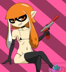 choker crossed_legs elbow_gloves fang gloves humanoid inkling inkling_girl kaori_(splatoon) long_hair narrowed_eyes orange_eyes orange_hair orange_inkling_girl shoes simple_background sitting small_breasts splatoon string_bikini tentacle_hair thigh_highs weapon