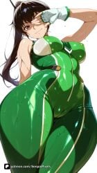 1girl ai_generated artist_name bangs bare_shoulders bodysuit breasts brown_eyes brown_hair cameltoe closed_mouth covered_nipples eve_(stellar_blade) fingerless_gloves from_below gloves green_bodysuit impossible_bodysuit large_breasts long_hair looking_at_viewer medium_breasts patreon ponytail questionable shiny shiny_clothes shiny_skin simple_background skin_tight smile solo stellar_blade sweat thighs wet white_background white_gloves