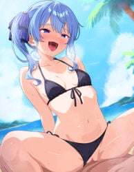 1boy 1girl bare_shoulders beach bikini bikini_bottom_aside black_bikini blue_eyes blue_hair blue_sky blush breasts censored cleavage clothed_female_nude_male clothing_aside cloud collarbone commentary_request cowgirl_position day front-tie_top girl_on_top hair_between_eyes halterneck happy_sex hetero highres hololive hoshimachi_suisei long_hair mosaic_censoring navel nude ocean open_mouth outdoors palm_tree pussy ribbon sand sex shore side-tie_bikini_bottom side_ponytail sky small_breasts smile solo_focus spread_legs stomach straddling string_bikini swimsuit thighs tree triangle_bikini_top vaginal virtual_youtuber water yumerumien