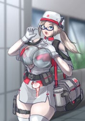 1girls blonde_hair blowjob_gesture blue_eyes breast_implants cheek_bulge clothing cum cum_in_pussy cum_in_uterus cum_inside df_kraken_(artist) dress fallopian_tubes fellatio_gesture female glasses gloves long_hair medic nurse open_mouth ovaries ponytail thighhighs uterus white_dress white_legwear white_thighhighs wide_hips x-ray