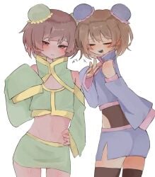 2girls artist_request chara chinese_clothes female_focus female_only frisk traditional_clothes undertale