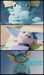 2boys 3d 3d_model beach comic dialogue espeon male/male male_only pokemon pokemon_(species) swimsuit vaporeon