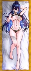 1girls 2d 2d_(artwork) areolae beach big_breasts bikini blue_eyes blue_hair female female_only hecshadowartof highres light-skinned_female light_skin lily_(oc) long_hair looking_at_viewer lying nipples original pink_nipples pussy