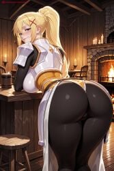 1girl ai_generated ass back bent_over blonde_hair blue_eyes blush bodysuit boots braid breasts darkness_(konosuba) from_behind gloves hair_ornament hi_res high_ponytail high_quality high_resolution kiraamane kono_subarashii_sekai_ni_shukufuku_wo! long_hair looking_at_viewer looking_back patreon patreon_username ponytail seductive sexy shiny smile solo thighs uncensored watermark