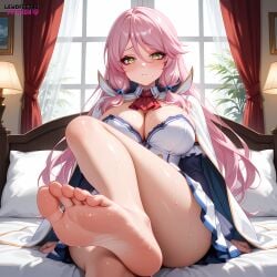 ai_assisted ai_generated barefoot bed bedroom big_breasts breasts cleavage feet female flare_arlgrande_jioral foot_fetish lewdfeetai pink_hair redo_of_healer soles solo sweat thick