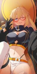belt bikini_top blonde_hair blush busty daisy_dukes fate/grand_order glasses gloves jacket thigh_highs thigh_strap thighhighs thong_bikini tonelico_(fate) tongue_out witch_hat