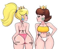 2girls ass ass_focus back_view bikini bikini_bottom blonde_hair breasts brown_hair cleavage crop_top crown earrings front_view hand_on_hip hand_on_thigh hands_on_ass headgear large_ass large_breasts long_hair looking_at_viewer looking_back mario_(series) navel princess_daisy princess_peach short_hair tagme thick_thighs tied_hair vanillasketchy voluptuous wide_hips