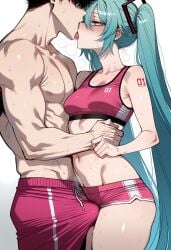 1boy 1girl abs ai_generated aqua_eyes aqua_hair arm_around_waist bare_shoulders black_hair blush bra breasts bulge clothing collarbone dolphin_shorts erection erection_under_clothes faceless_male female french_kiss hair_between_eyes hair_ornament hand_on_another's_hip hand_on_another's_waist hatsune_miku hetero kiss long_hair male midriff muscle muscular muscular_male navel nyanclaire penis pink_shorts pink_sports_bra saliva short_shorts shorts shoulder_tattoo simple_background small_breasts sports_bra sportswear stomach sweat tattoo toned tongue tongue_out topless_male twintails underwear veins very_long_hair vocaloid white_background