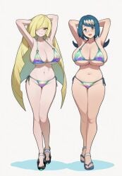 2girls ai_assisted ai_generated armpits arms_behind_head bikini blonde_hair blue_hair breasts circle_ueponzu game_freak huge_breasts lana's_mother_(pokemon) light-skinned_female light_skin long_hair looking_at_viewer lusamine_(pokemon) mature mature_female mature_woman milf navel nintendo pokemon posing swimsuit thick_thighs thighs white_background