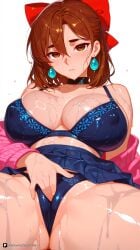 1girl ai_generated artist_name ayase_momo bangs blue_bra blue_panties blue_skirt blush bow bra breasts brown_eyes brown_hair cameltoe cardigan choker cleavage closed_mouth covered_nipples dandadan earrings explicit female_masturbation fingering hair_between_eyes hair_bow jewelry large_breasts looking_at_viewer masturbation momo_ayase panties patreon pink_cardigan pink_jacket pink_sweater pleated_skirt questionable red_bow short_hair simple_background skirt skirt_lift solo spread_legs sweater underwear wet wet_clothes white_background