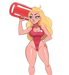 arm_up blonde_hair blue_eyes breasts cleavage hand_on_hip holding holding_object large_breasts lifeguard_(lilo_and_stitch) lilo_and_stitch long_hair navel posing slim_waist swimsuit tagme thick_thighs tight_clothing vanillasketchy voluptuous wide_hips