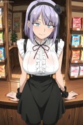 1girl ai_generated black_flower black_pantyhose black_rose black_skirt blue_eyes blush breasts digitalwaifugallery flower frills hair_flower hair_ornament hairband hi_res high-waist_skirt high_quality high_resolution indoors large_breasts looking_at_viewer nail_polish pantyhose patreon plant purple_hair red_nails ribbon ringed_eyes rose seductive sexy shidare_hotaru shirt short_hair skirt sleeveless smile solo suspender_skirt suspenders uncensored watermark