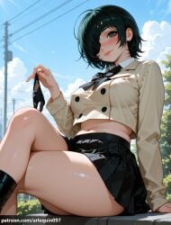 1girl ai_generated arlequin097 arm_support black_bow black_bowtie black_footwear black_hair black_panties black_skirt blue_sky blush boots bow bow_panties bowtie breasts buttons chainsaw_man closed_mouth cloud collared_shirt crop_top cropped_shirt crossed_legs day eyepatch feet_out_of_frame green_eyes himeno_(chainsaw_man) holding holding_clothes holding_panties holding_underwear jacket legs lips long_sleeves looking_at_viewer medium_breasts midriff miniskirt navel outdoors panties pleated_skirt power_lines shirt short_hair sitting skirt sky smile solo thighs tree underwear unworn_panties utility_pole