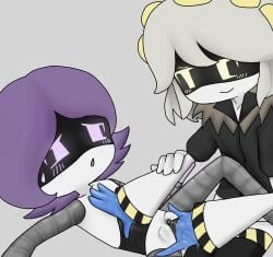 2girls blushing duo latex_gloves medical_gloves murder_drones purple_eyes purple_hair serial_designation_v silver_hair uzi_(murder_drones) uzi_doorman v_(murder_drones) vaginal_fingering vaginal_fluids vaginal_juices yellow_eyes yuri