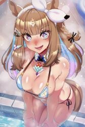 absurd_res absurdres ai_generated almond_eye_(umamusume) animal_ears bangs big_breasts bikini blue_inner_hair boobs braided_hair gradient_eyes hair_between_eyes high_resolution highres horse_ears horse_girl huge_breasts lavender_eyes light_brown_hair long_hair long_light_brown_hair micro_bikini naticai side_braid skimpy_bikini string_bikini umamusume umamusume_pretty_derby