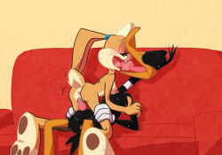 anthro anthro_on_anthro balls couch daffy_duck duck female lola_bunny looney_tunes male male/female passionatefloorromance penis rabbit rabbit_tail sex sweat the_looney_tunes_show tongues_tied_together vaginal